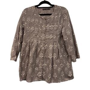 Gudrun Sjoden Button Up Tunic Top Womens Large Floral Grey Organic Cotton Shirt